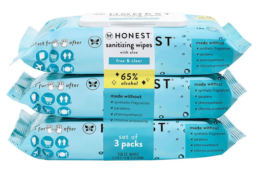 The Honest Company Sanitizing Alcohol Wipes | Kills 99% of Germs, Made With Aloe | Unscented, 150 Count (3 Packs of 50)