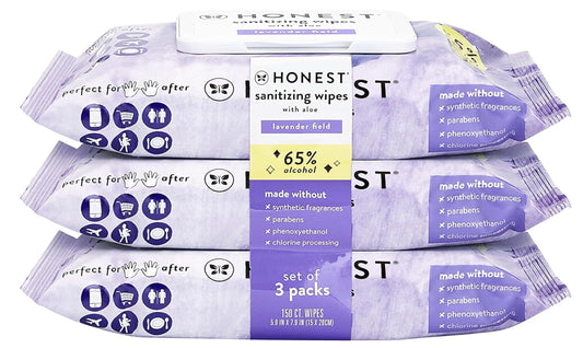 The Honest Company Sanitizing Alcohol Wipes | Kills 99% of Germs, Made With Aloe | Lavender, 150 Count (3 Packs of 50)